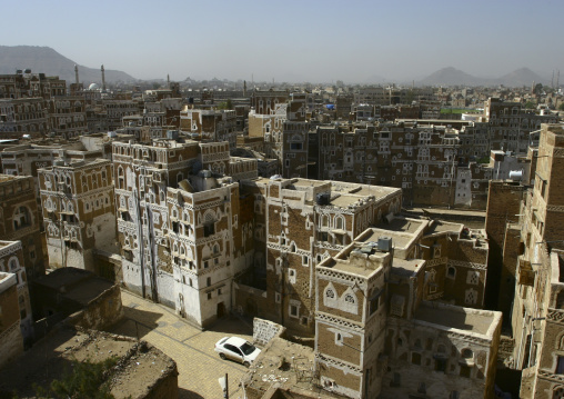 Traditional Storeyed Tower Houses Built Of Rammed Earth In The Old Fortified City Of Sanaa, Yemen