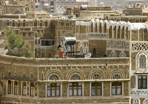 Traditional Storeyed Tower Houses Built Of Rammed Earth In The Old Fortified City Of Sanaa, Yemen