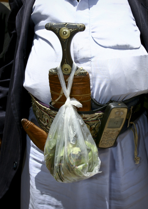 Detail Of The Qat , Nokia Phone And Jambiya Attached To A Belt, Sanaa, Yemen